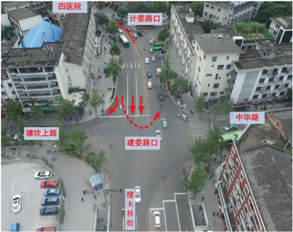 图9 建委路口南进口掉头车道以及掉头路线示意图