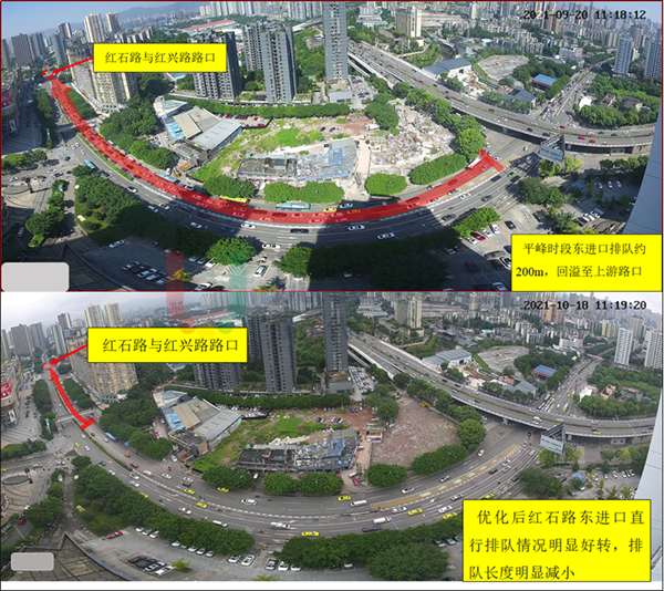 图8 红石路-红兴路路口优化前后东进口排队情况